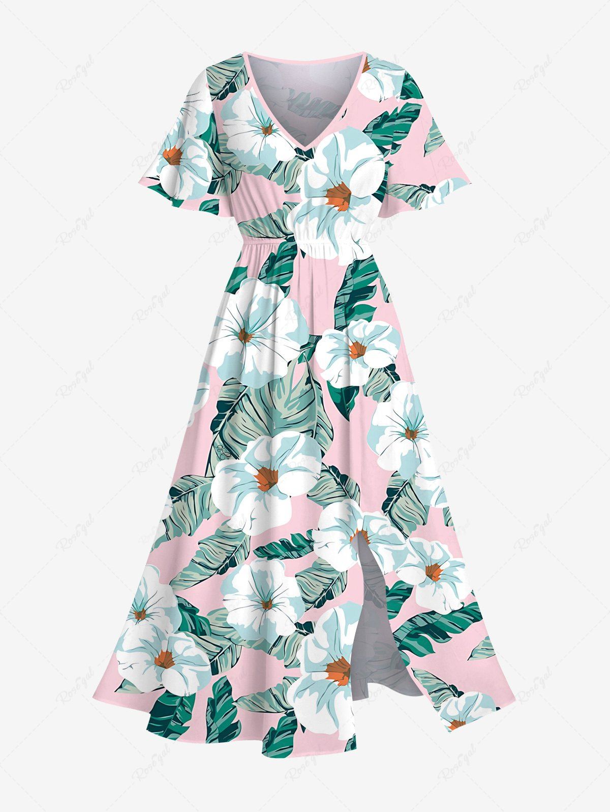 Shops Plus Size Flowers Leaf Tropical Print Split Hawaii Midi Dress  