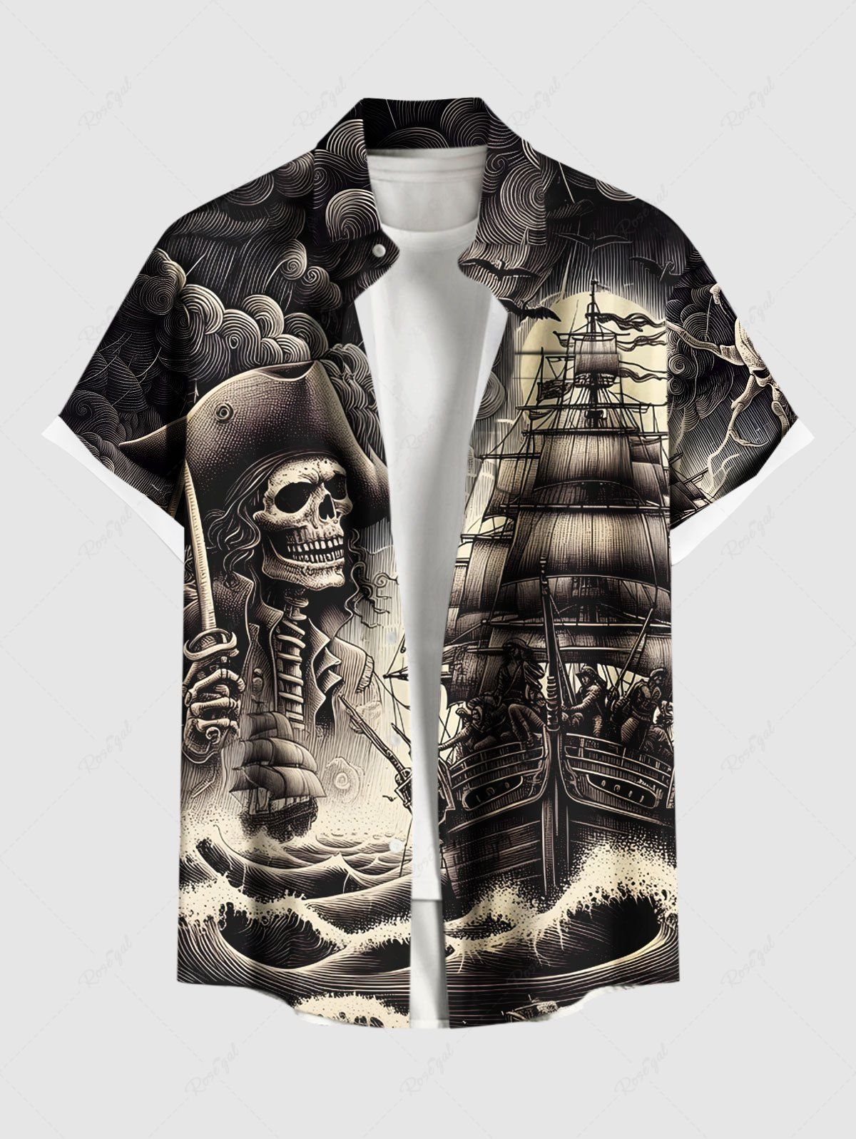 Trendy Plus Size Skull Pirate Cloud Sea Waves Ship Cruise Print Buttons Pocket Shirt For Men  
