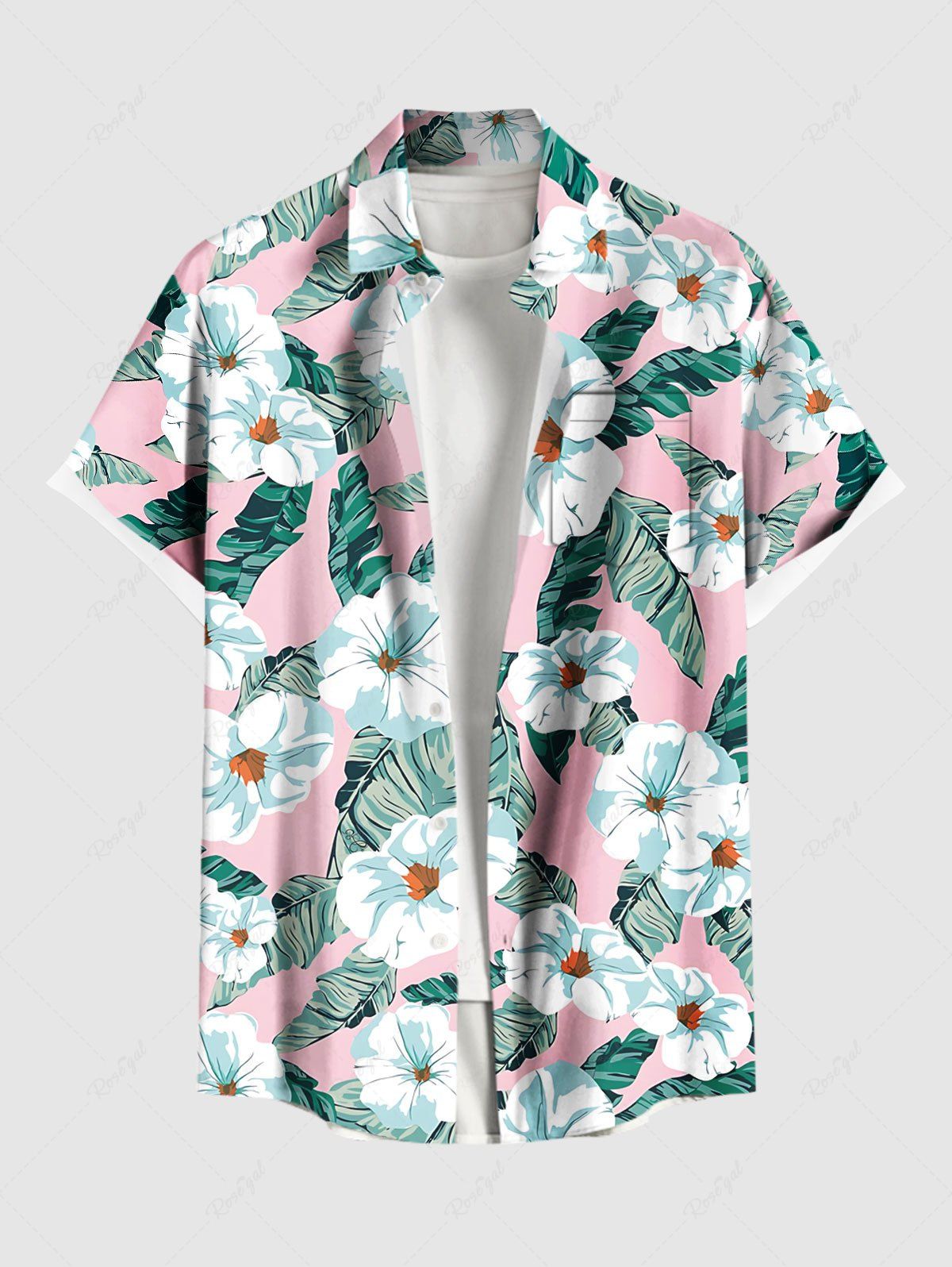 Chemise hawaïenne grande taille à imprimé tropical, fleurs et feuilles, avec poches et boutons, pour homme Rose clair XL