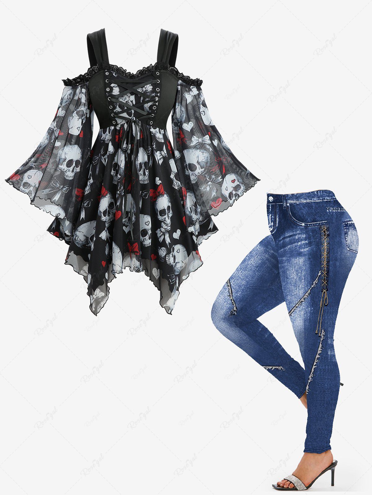 Sale Skull Bowknot Heart Graphic Handkerchief Top and 3D Denim Topstitching Print Leggings Plus Size Outfit  