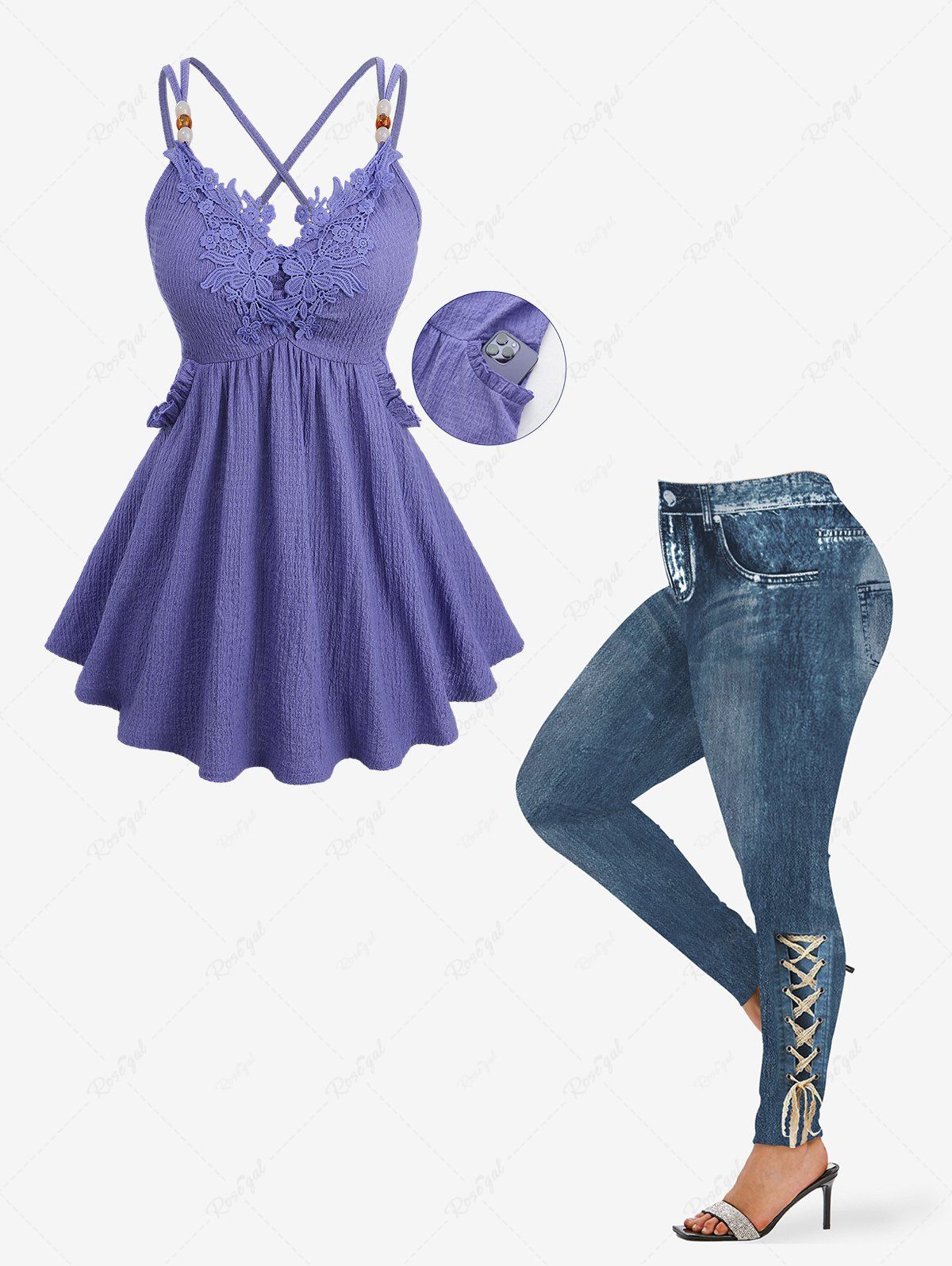 Online Floral Applique Textured Crisscross Top and 3D Lace Lace-up Ombre Denim Print Leggings Plus Size Outfit  
