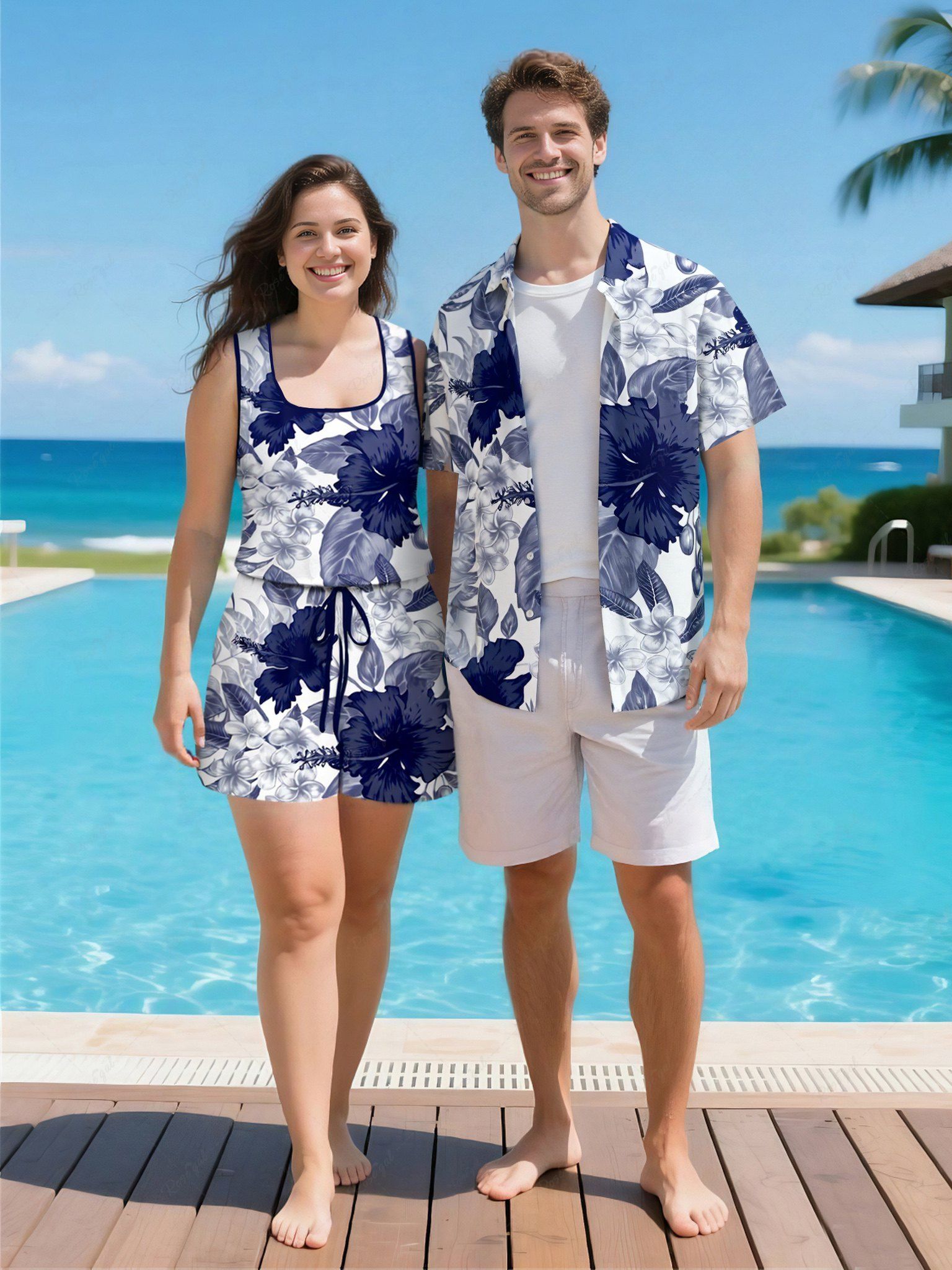 Shop Matching Hawaii Shirt and Romper Plus Size Beach Outfit Hibiscus Flowers Leaf Printed for Couples  