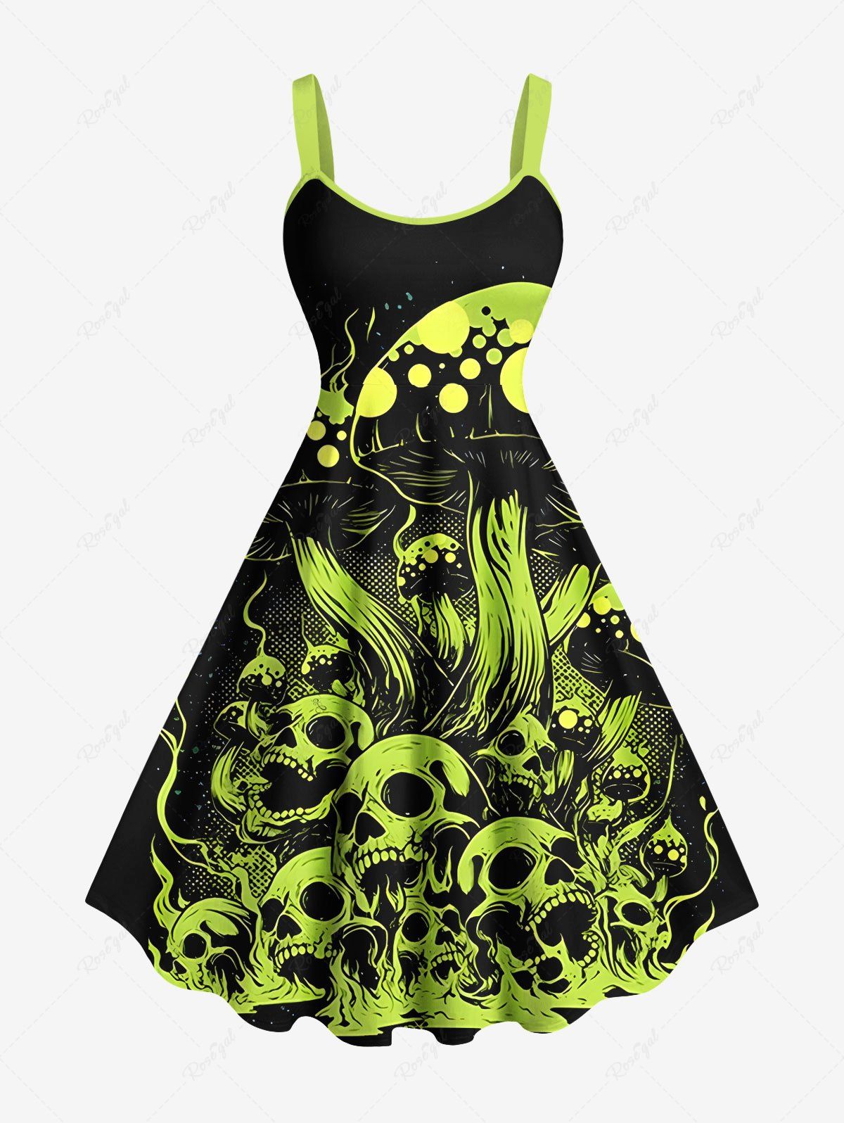 Robe trapèze grande taille à imprimé crâne, champignon, feu et flammes pour Halloween Noir 6X