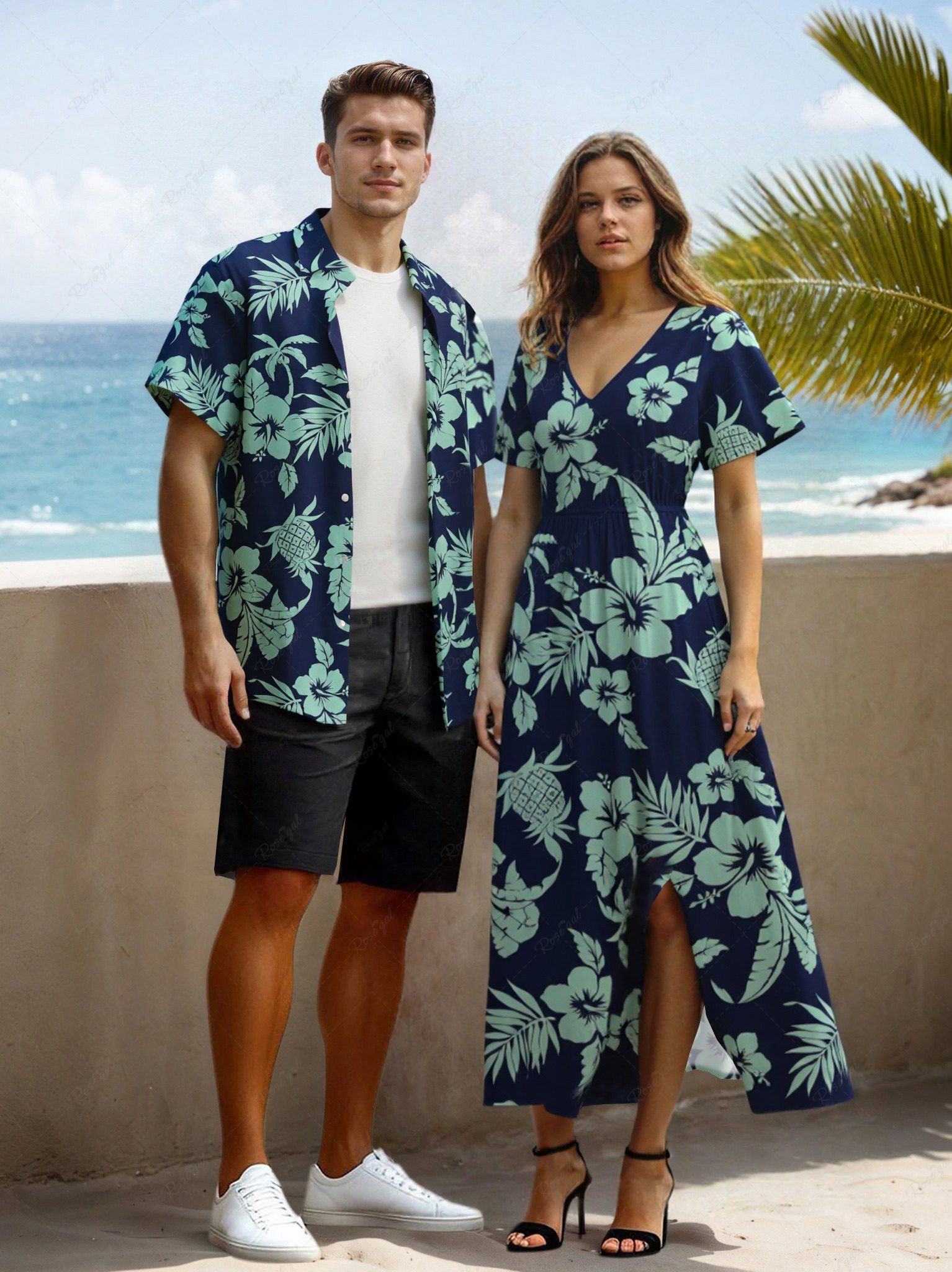 Chic Hibiscus Flowers Leaf Coconut Tree Pineapple Print Plus Size Matching Hawaii Beach Outfit For Couples  