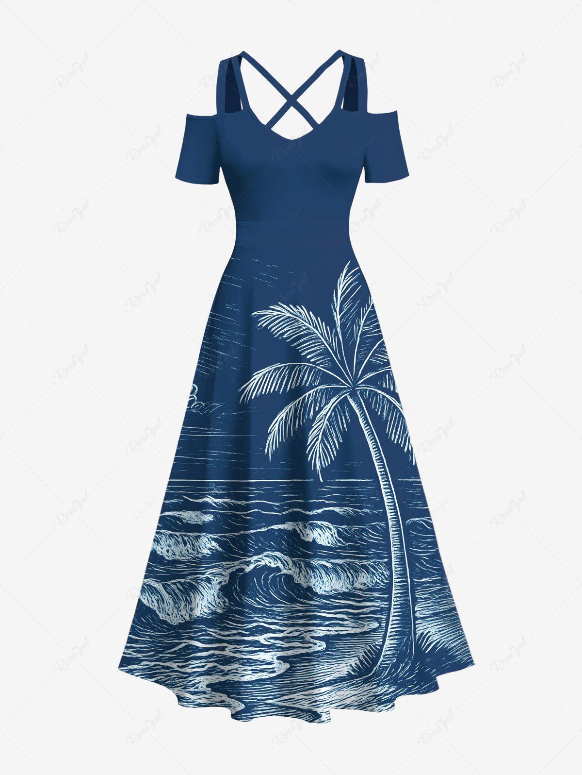 Trendy Plus Size Coconut Tree Sea Waves Print Hawaii Cold Shoulder Crisscross A Line Maxi Dress  