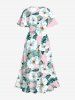 Plus Size Flowers Leaf Tropical Print Split Hawaii Midi Dress -  