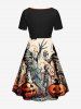 Plus Size Pumpkin Bat Mummy Print Halloween Cinched A Line Dress -  
