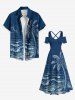 Robe longue hawaïenne grande taille à imprimé cocotiers et vagues, épaules dénudées, croisée, coupe trapèze - Bleu Marine 6X