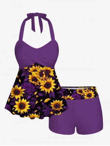 Sunflower Rose Flower Print Hawaii Twist Halter Backless Boyleg Tankini Swimsuit - PURPLE - M