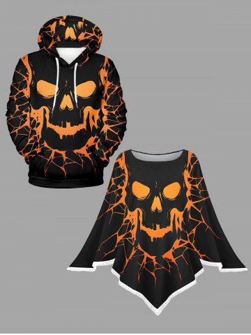 Halloween Skull Spider Web Print Plus Size Matching Outfit For Couples - BLACK