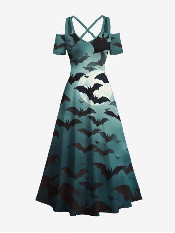 Plus Size Halloween Bat Moon Ombre Print Cold Shoulder Crisscross Maxi Dress - BLACK - XXS