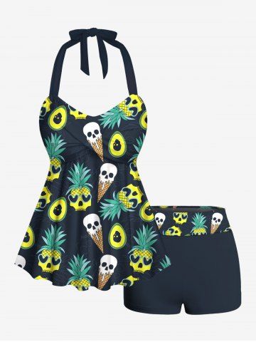 Skull Ice Cream Pineapple Avocado Print Hawaii Twist Halter Backless Boyleg Tankini Swimsuit - BLACK - L