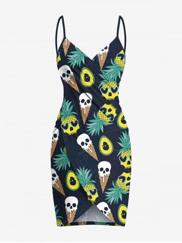 Plus Size Skull Ice Cream Pineapple Avocado Print Hawaii Convertible Beach Cover Up - BLACK - 2X