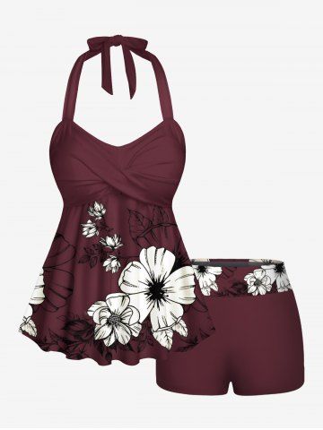 Hibiscus Flower Branch Print Hawaii Twist Halter Backless Boyleg Tankini Swimsuit - RED WINE - 2X