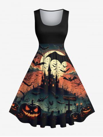 Plus Size Halloween Pumpkin Moon Bat Cloud Castle Print 1950s Vintage Dress - BLACK - XXS