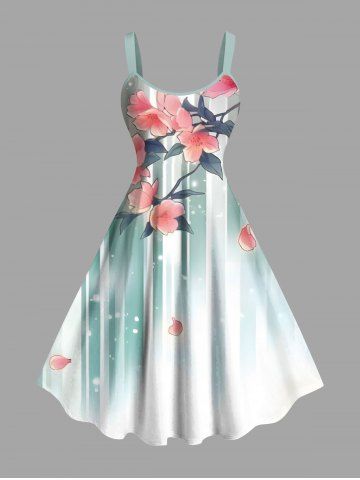 Plus Size Flowers Leaf Stripes Colorblock Ombre Print Hawaii Tank Dress - WHITE - 6X