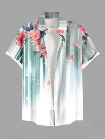 Plus Size Flowers Leaf Stripes Colorblock Ombre Print Buttons Pocket Hawaii Shirt For Men - WHITE - S