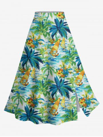 Plus Size Coconut Tree Hibiscus Flower Sea Surfer Print Hawaii Split A Line Skirt - GREEN - 2X