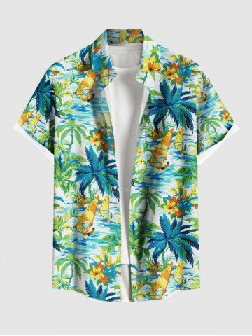 Plus Size Coconut Tree Hibiscus Flower Sea Surfer Print Hawaii Button Pocket Shirt For Men - GREEN - S