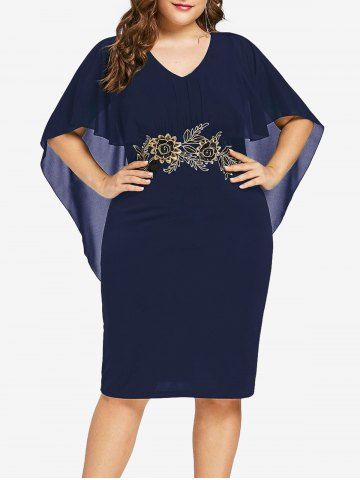 Plus Size Floral Embroidery Sheer Semi Transparent Capelet Dress - DEEP BLUE - 4X | US 26-28