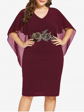 Plus Size Floral Embroidery Sheer Semi Transparent Capelet Dress - RED WINE - 3X | US 22-24