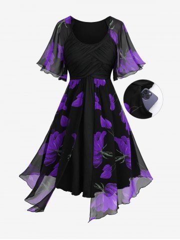 Plus Size Flowers Print Chiffon Ruched Panel Ruffles Split Hem Layered Dress - CONCORD - 4X | US 26-28
