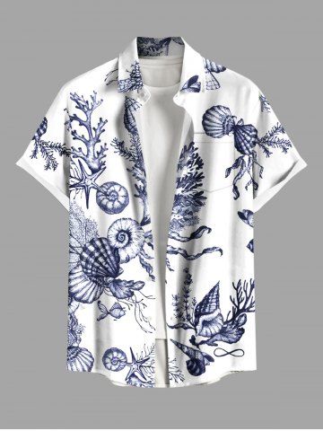 Plus Size Conch Shell Coral Starfish Print Hawaii Sea Creatures Button Pocket Shirt For Men - WHITE - 4XL