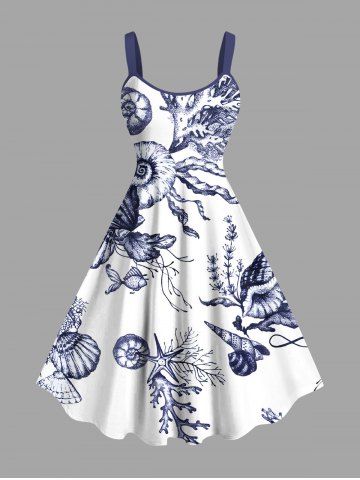 Robe débardeur trapèze grande taille à imprimé coquillage, corail et étoile de mer, créatures marines d'Hawaï - WHITE - L