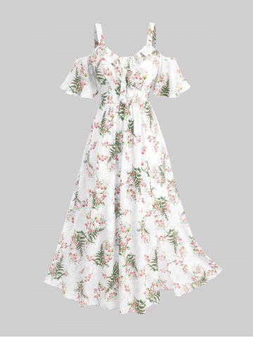 Robe grande taille à imprimé rose et feuilles, volants, épaules dénudées, style cottagecore - WHITE - 3X | US 22-24