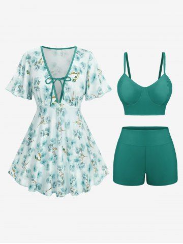 Fashion Ombre Peach Blossom Print Plunging Bowknot Tied Beach Cover Up Solid Boyleg 3 Pieces Tankini Swimsuit - EMERALD - L | US 12