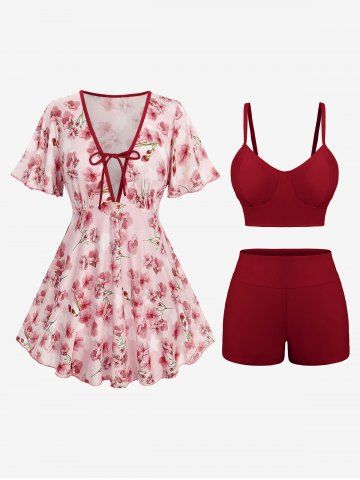 Maillot de bain tankini 3 pièces imprimé fleurs de pêcher ombré, décolleté plongeant et nœud papillon. - DEEP RED - 2X | US 18-20
