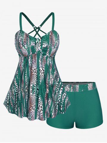 Leopard Print Twist Crisscross Boyleg Tankini Swimsuit - MINT GREEN - 1X | US 14-16