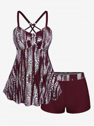 Leopard Print Twist Crisscross Boyleg Tankini Swimsuit