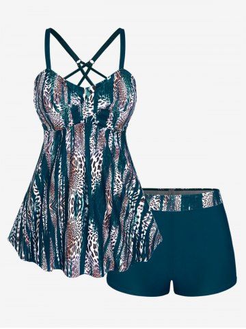 Maillot de bain tankini imprimé léopard à jambes courtes et croisées. - DARK TURQUOISE - L | US 12