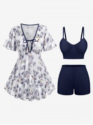 Fashion Ombre Peach Blossom Print Plunging Bowknot Tied Beach Cover Up Solid Boyleg 3 Pieces Tankini Swimsuit - DEEP BLUE - L | US 12