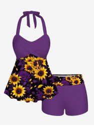 Sunflower Rose Flower Print Hawaii Twist Halter Backless Boyleg Tankini Swimsuit -  