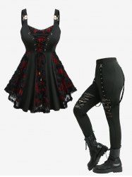 Lace-up Rose Jacquard Tank Top and Skulls Hollow Out Fish Net Leggings Plus Size Outfit -  