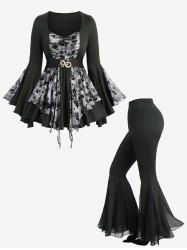 Skulls Tie Dye Print Snake Buckle Flare Sleeves Top and Sheer Mesh Patchwork Flare Pants Plus Size Outfit -  