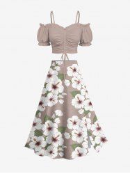 Flowers Leaf Print Plus Size Hawaii Matching Set -  