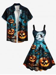 Halloween Pumpkin Moon Bat Print Plus Size Matching Outfit For Couples -  