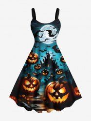 Plus Size Halloween Pumpkin Moon Bat Print Tank Dress -  