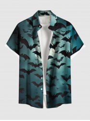 Plus Size Halloween Bat Moon Ombre Print Buttons Pocket Shirt For Men -  