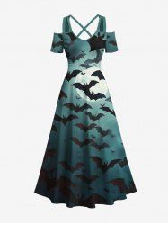 Robe longue croisée à épaules dénudées et imprimé chauve-souris et lune pour Halloween, grande taille - Noir M