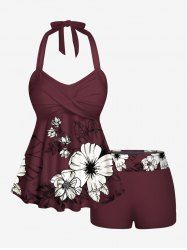 Maillot de bain tankini hawaïen à imprimé branches de fleurs d'hibiscus et dos nu torsadé - Rouge Vineux 4X