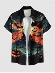 Plus Size Halloween Pumpkin Moon Bat Cloud Castle Print Buttons Pocket Shirt For Men -  