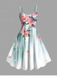 Plus Size Flowers Leaf Stripes Colorblock Ombre Print Hawaii Tank Dress -  