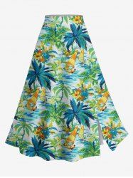 Jupe trapèze fendue hawaïenne grande taille à imprimé cocotier, fleur d'hibiscus et surfeur marin - Vert L