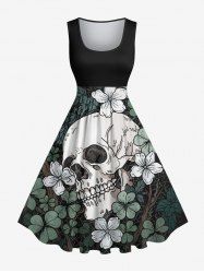 Robe vintage années 50 grande taille à imprimé crâne, fleurs et feuilles, style Halloween - Noir 6X