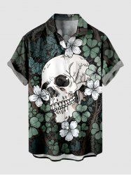 Chemise grande taille pour homme avec imprimé crâne, fleurs et feuilles, boutons et poche, style Halloween. - Noir L