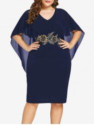 Plus Size Floral Embroidery Sheer Semi Transparent Capelet Dress -  